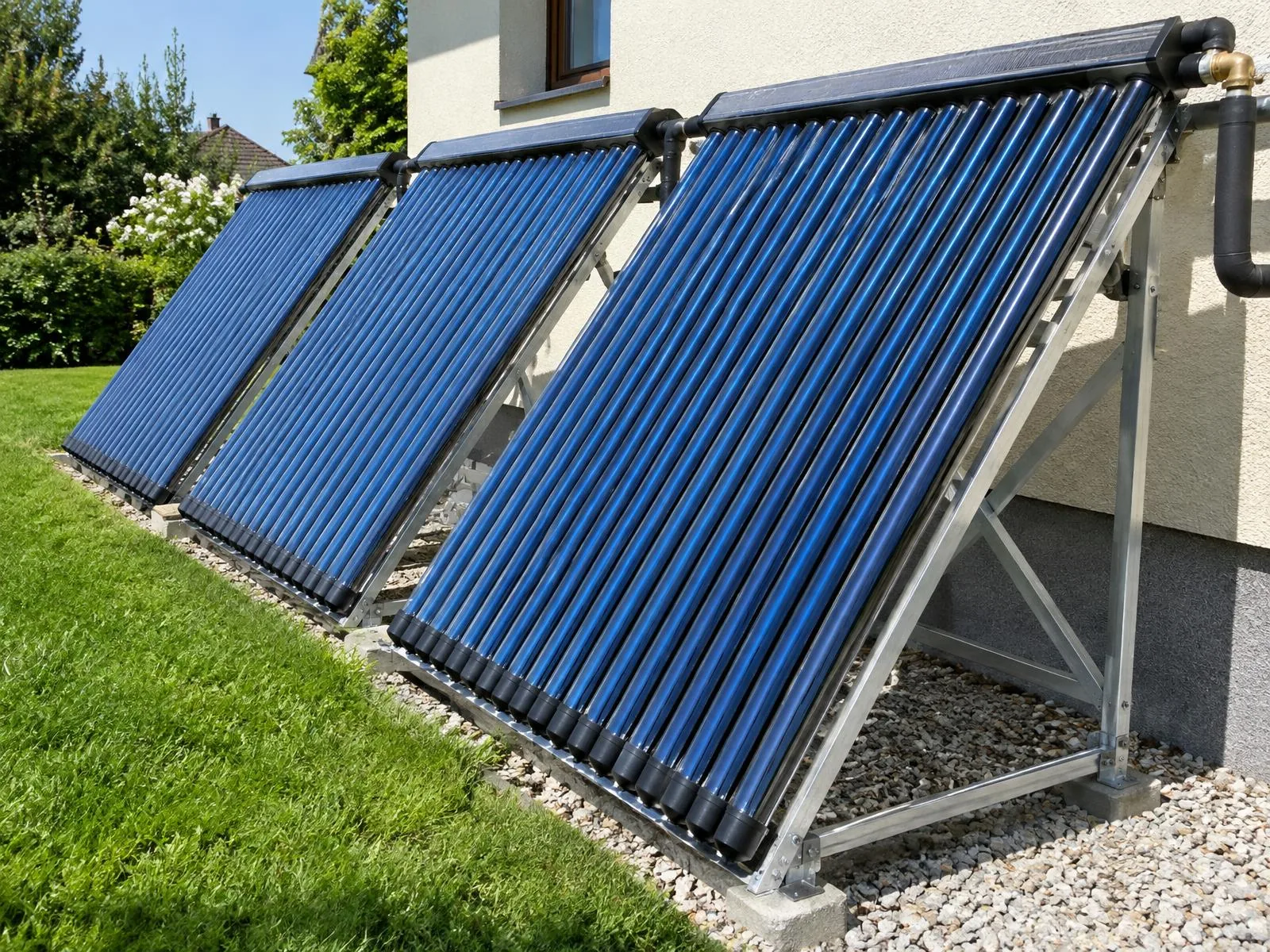 Colectores solares térmicos de tubos de vacío para climatización de piscina junto a una vivienda