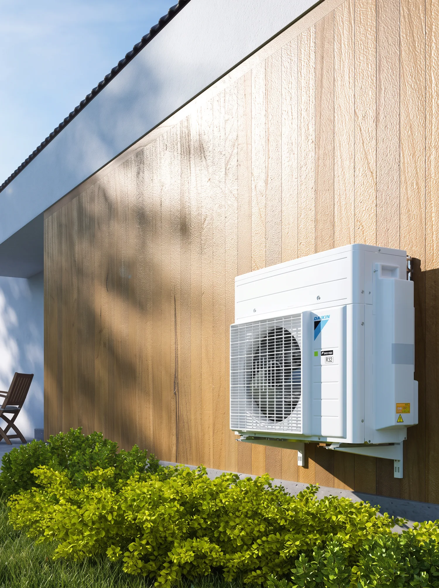 Unidad exterior Daikin Inverter R32 instalada en la fachada de una vivienda