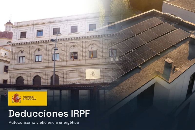 Composición de Hacienda con placas solares sobre la vivienda de la página Energía solar, el rótulo Ministerio de Hacienda y el texto Deducciones IRPF