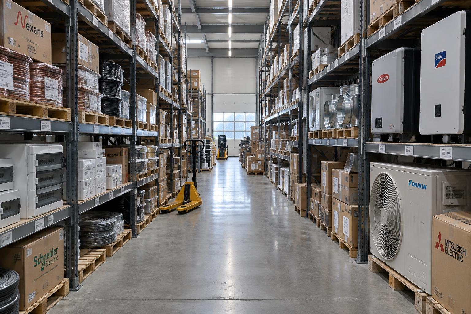 Almacén técnico con material eléctrico, inversores y cableado ordenado en estanterías